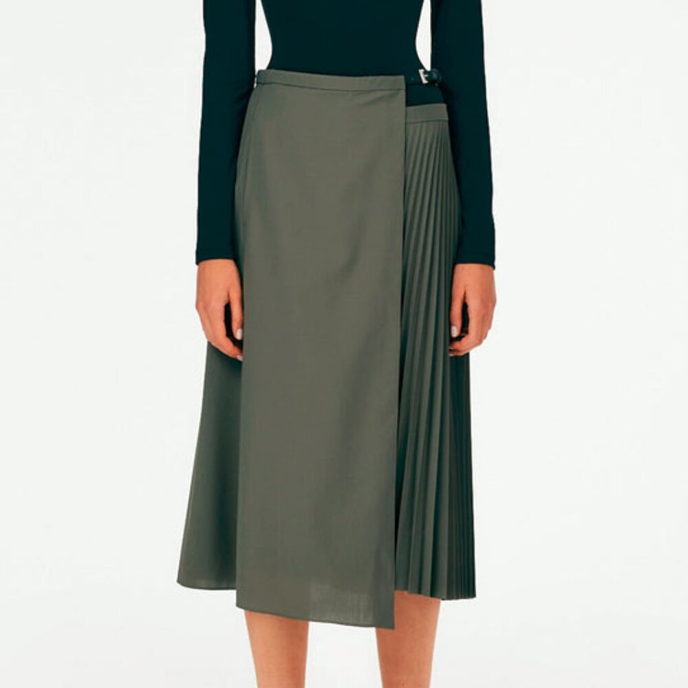 Tibi Dark Stone Tropical Wool Pleated Leather Wrap Skirt